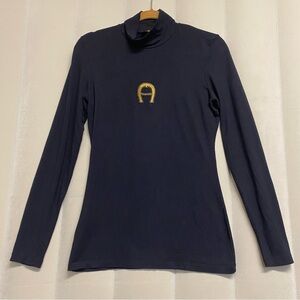 Etienne Aigner Women’s Blouse Top Size 6 Mock Neck Logo Slinky Luxury Designer